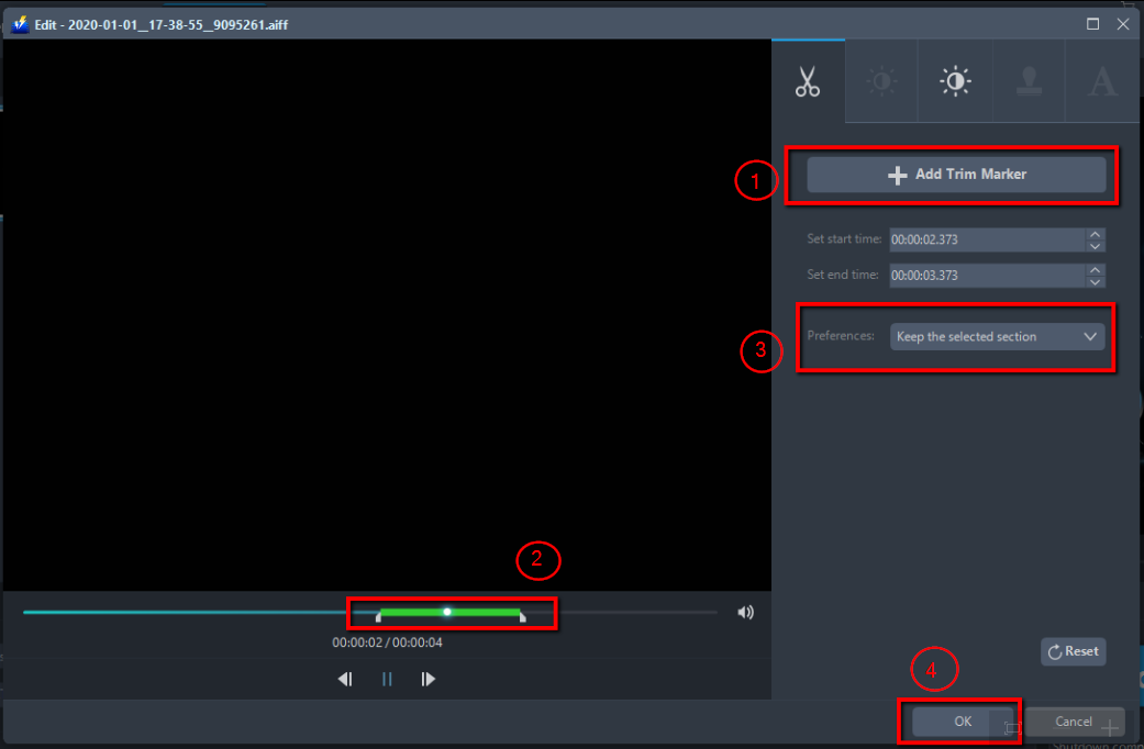AIFC を MP3 に変換, ビデオパワーブルー, トリムを追加