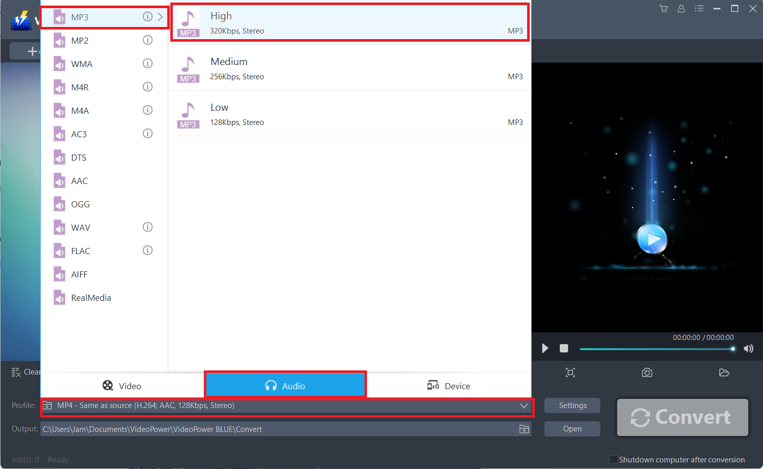 アムルからmp3に最適なコンバータ、ビデオパワーブルーはオーディオ出力を選択します。