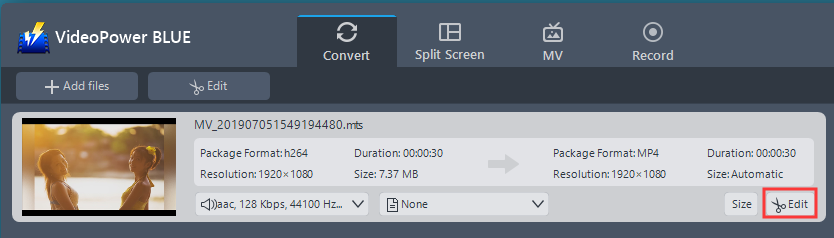 MP4にMTSを変換する方法, ビデオパワーブルー編集MTSファイル.