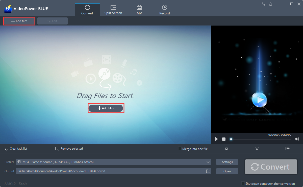 convert 3GA to MP3, VideoPower BLUE add file.