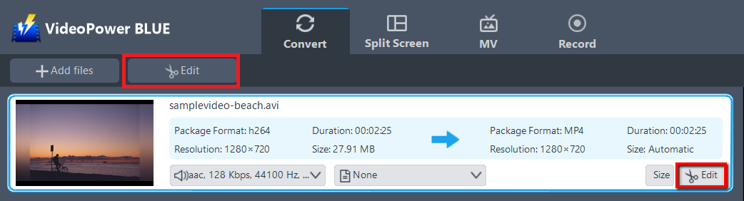 convert AVI to MP4, VideoPower BLUE edit file.