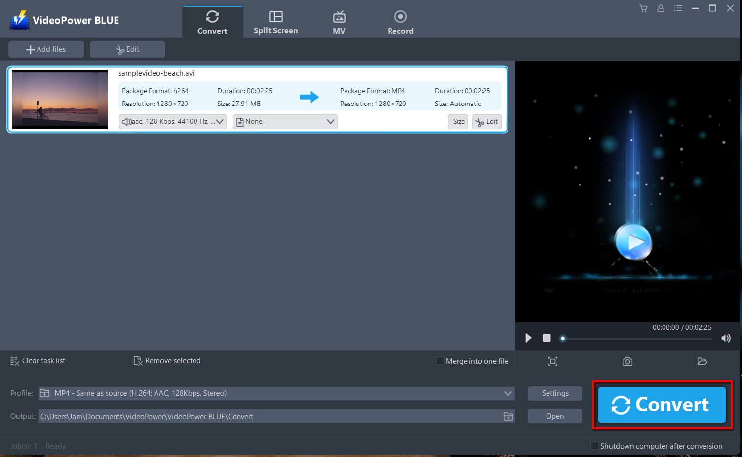 convert AVI to MP4, VideoPower BLUE start to convert AVI to MP4.