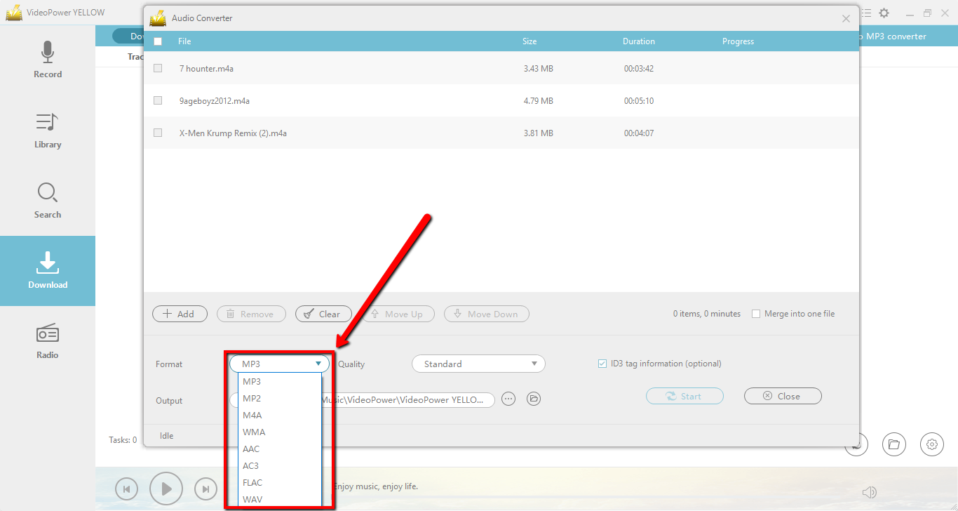 convert FLAC to MP3, VideoPower YELLOW, change format