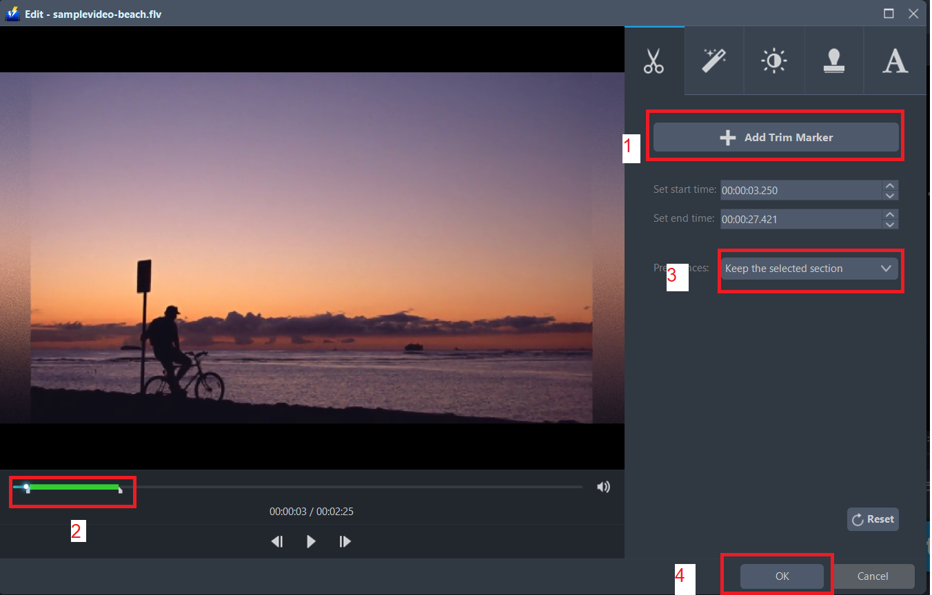 convert FLV to MOV, VideoPower BLUE, trim FLV file.