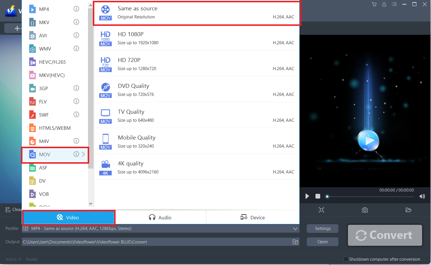 convert FLV to MOV, VideoPower BLUE, select video format