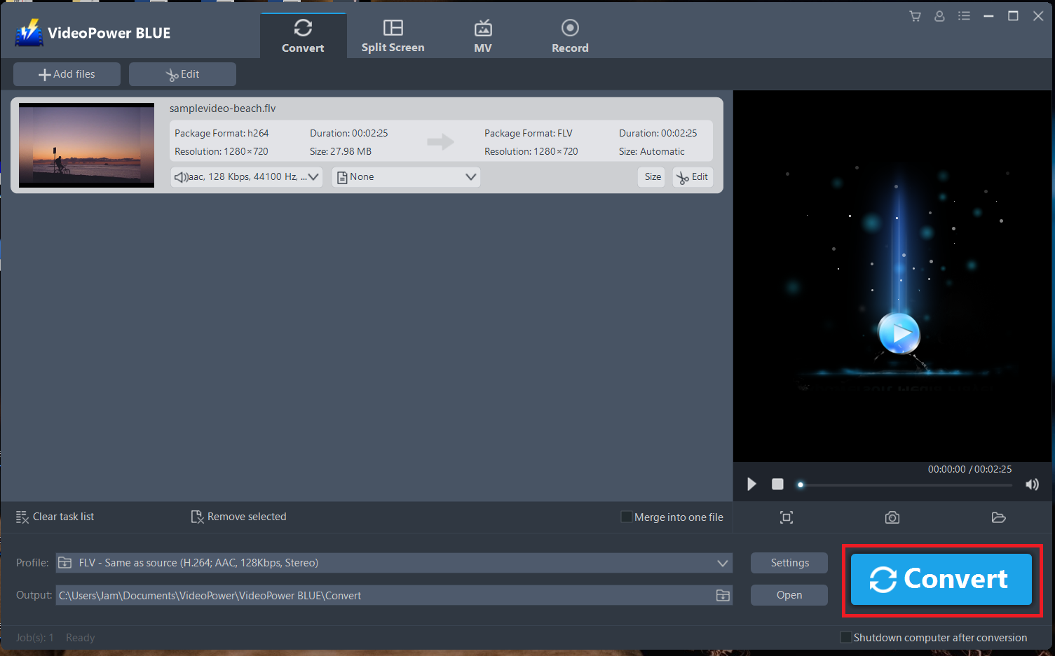 convert FLV to MOV, VideoPower BLUE, select to start conversion