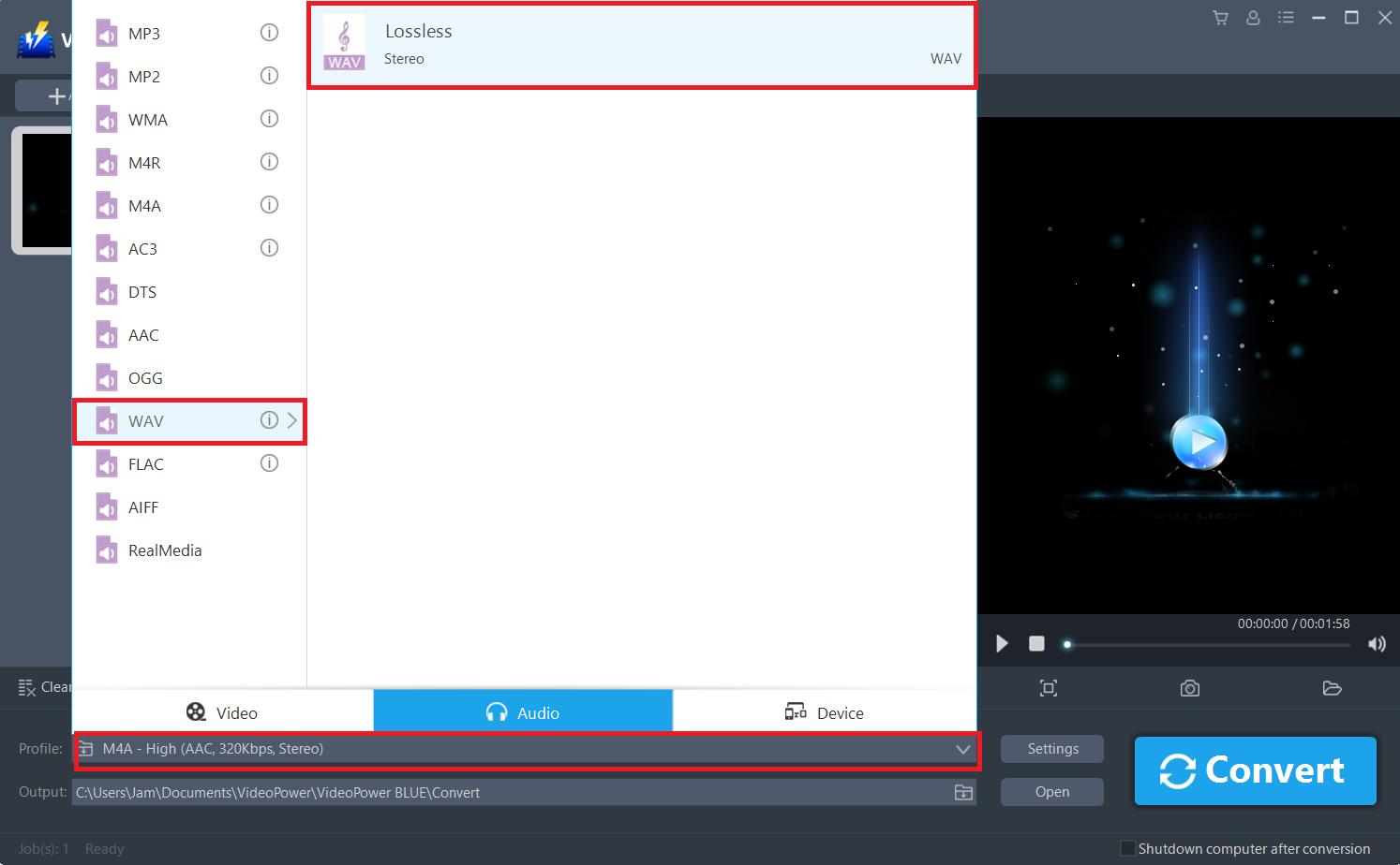 convert M4A to WAV, VideoPower BLUE select audio output.