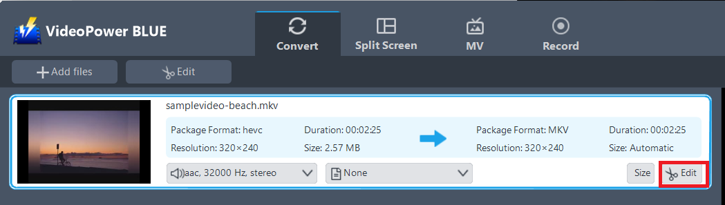 MKVをAVIに変換し、ビデオパワーブルー編集MKVファイル。