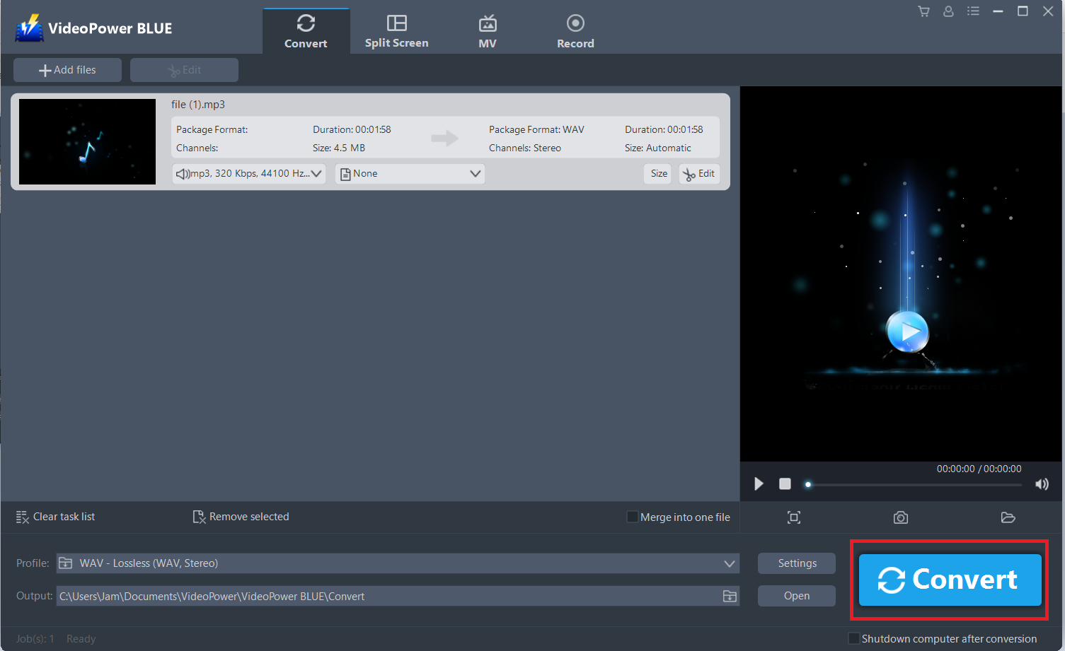 MP3 を WAV に変換し、ビデオパワー ブルー は MP3 を WAV に変換するために起動します。