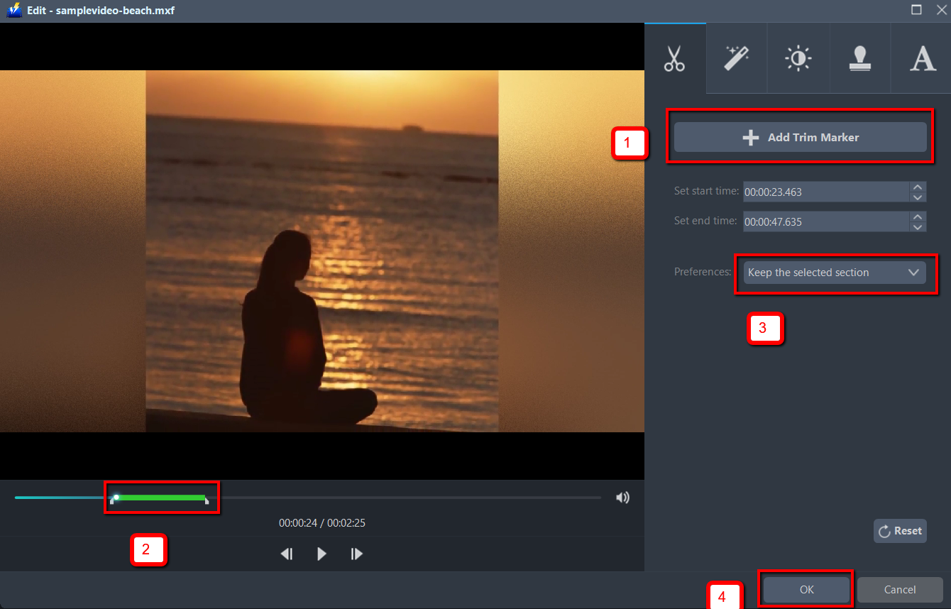 MP4、ビデオパワーブルートリムファイルにMXFを変換します。