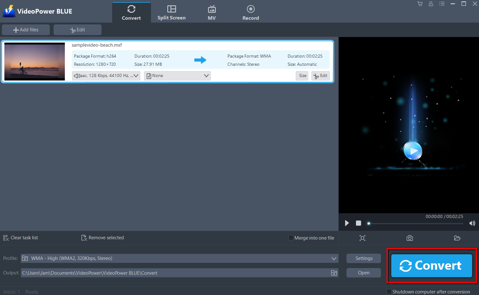 MXFをMP4に変換し、ビデオパワーブルーはMXFをMP4に変換するために起動します。