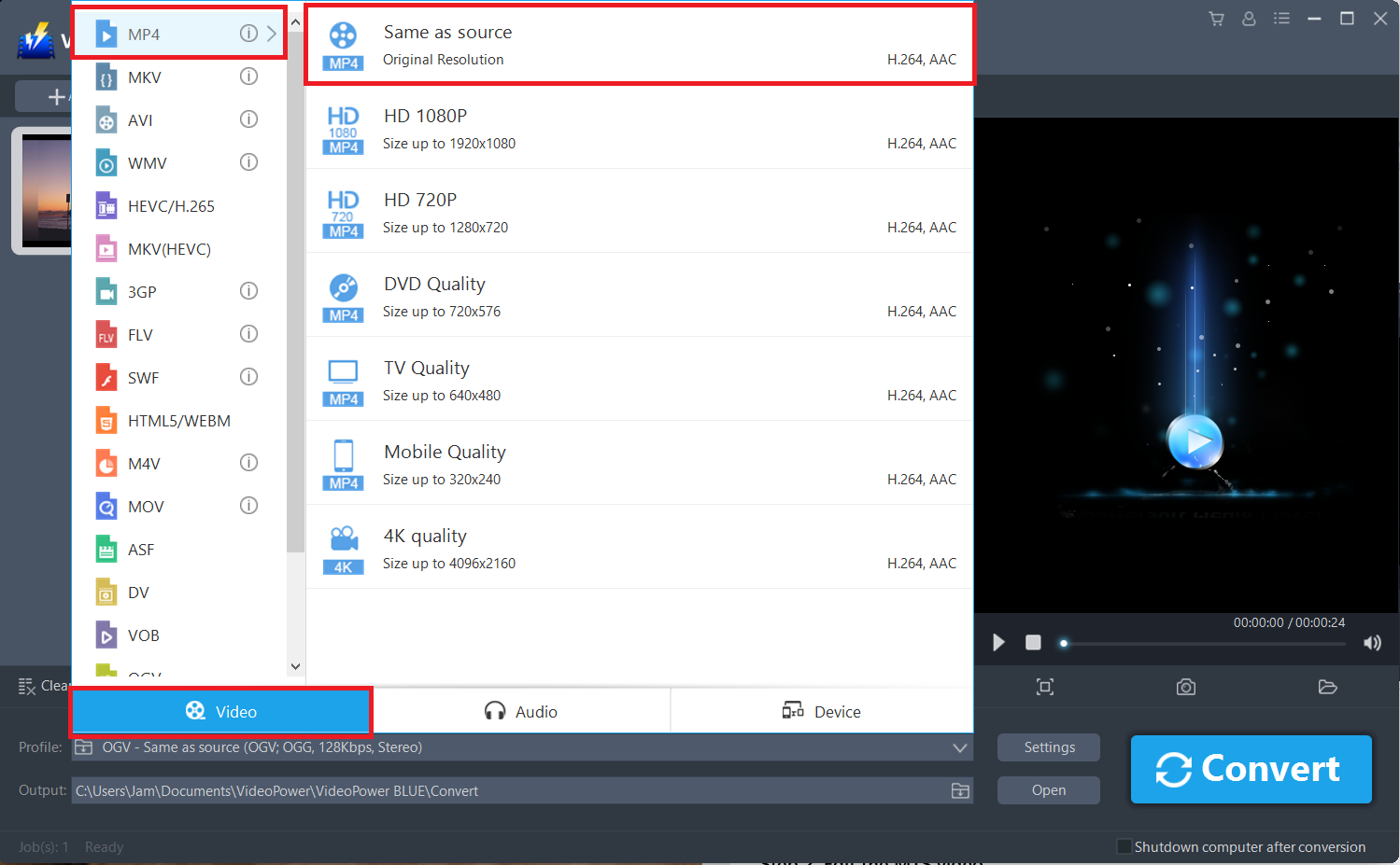 OGVをMP4に変換, ビデオパワーブルーは、ビデオフォーマットを選択