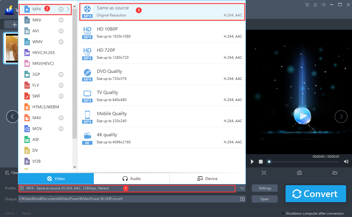 convert M4V to MP4, VideoPower BLUE select video format.