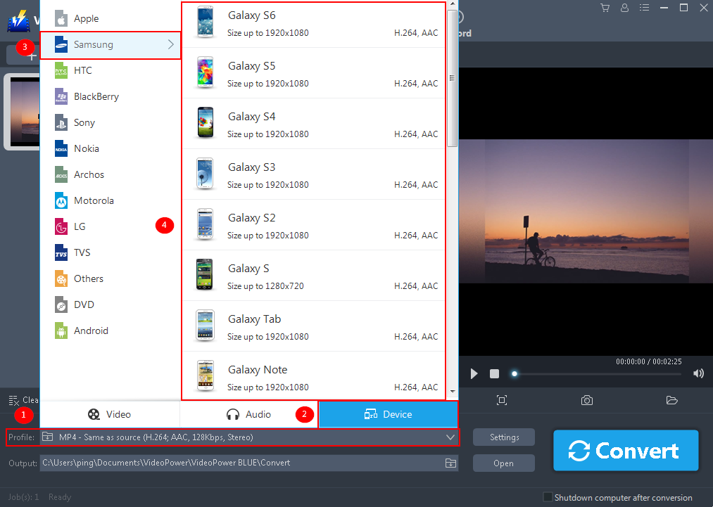 convert video to Samsung devices, VideoPower BLUE select output format.