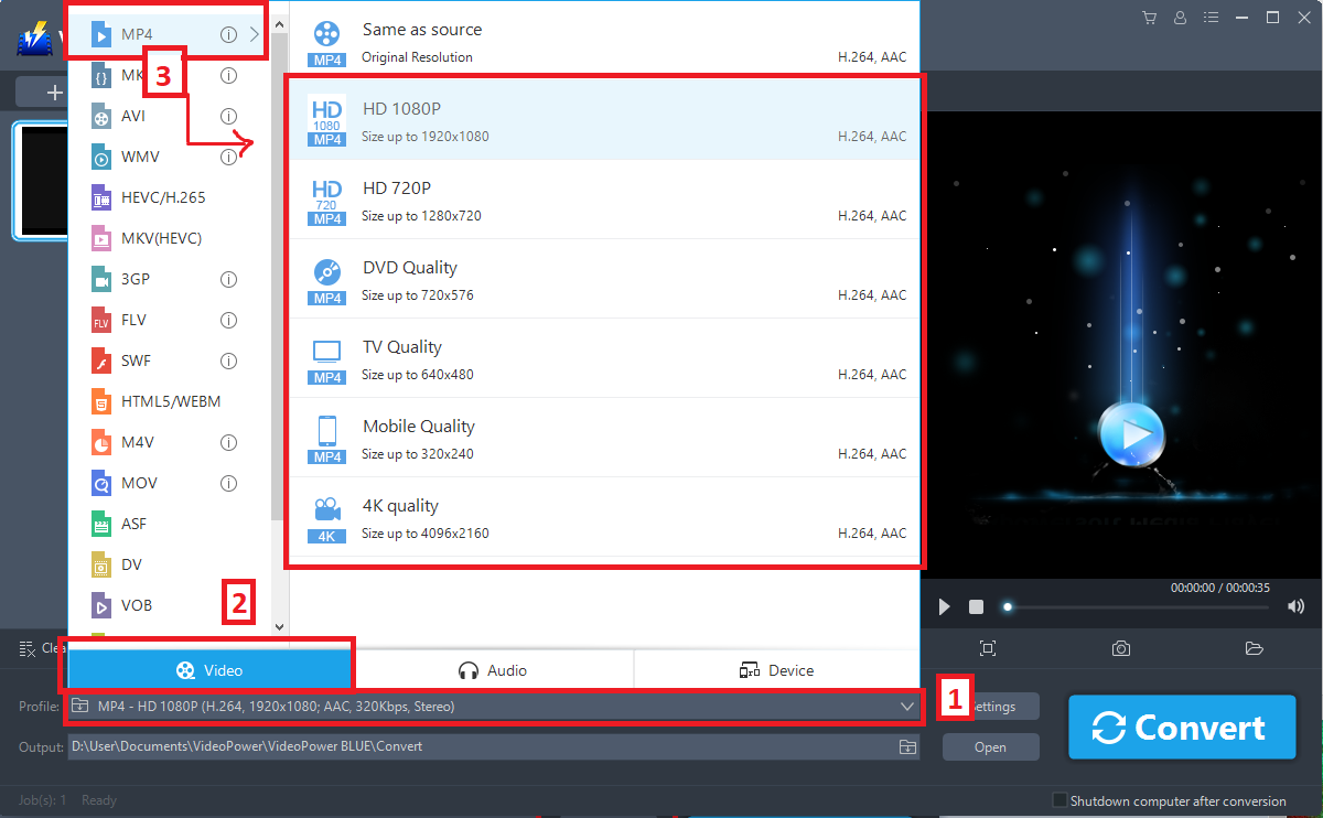 Convert Video to HD Quality, VideoPower BLUE, convert