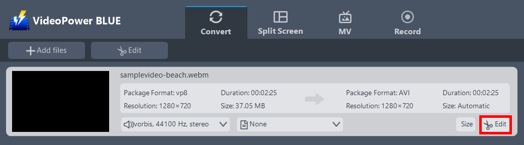 WebM を AVI に変換し、ビデオパワーブルーがファイルを編集