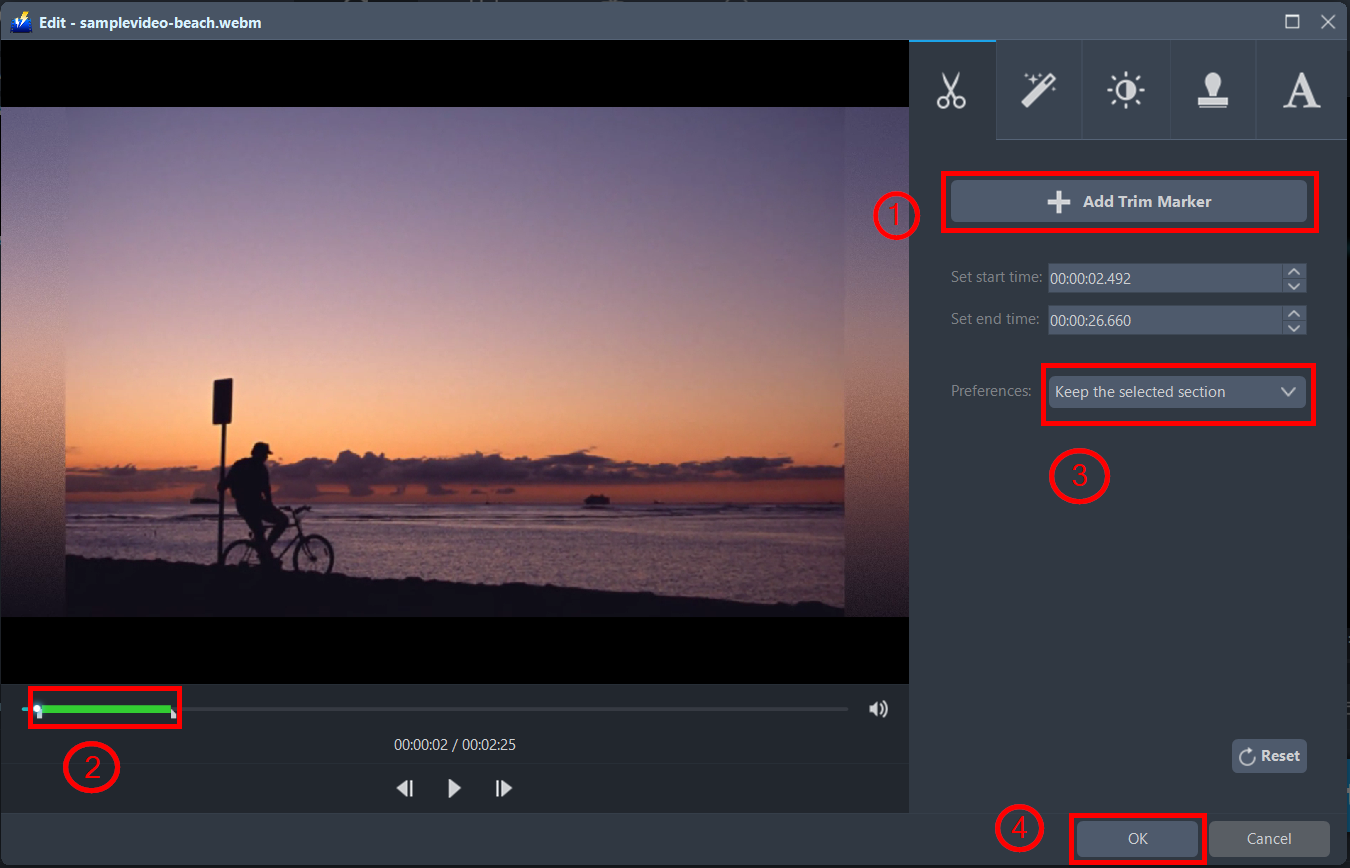WebM を AVI に変換し、ビデオパワーブルーはファイルをトリミングします