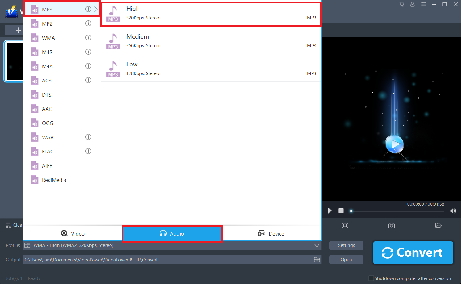 convert WMA format, VideoPower BLUE select audio output.