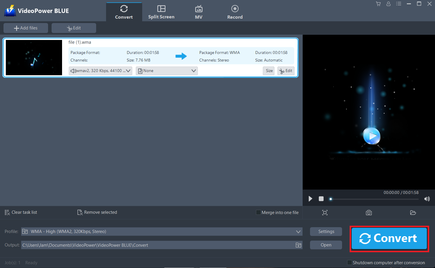 convert WMA format, VideoPower BLUE start to convert WMA to MP3. 