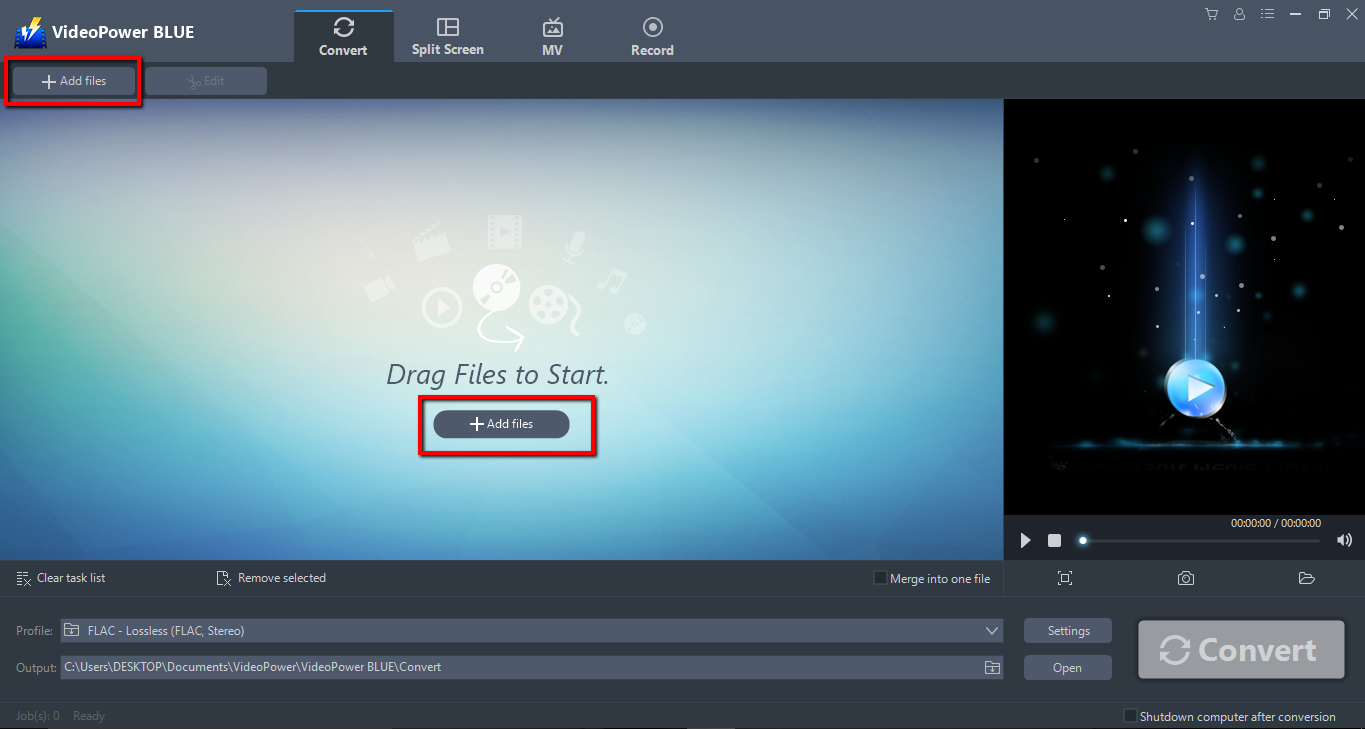 FLAC から WAV コンバータ、ビデオパワー ブルー、ファイルの追加