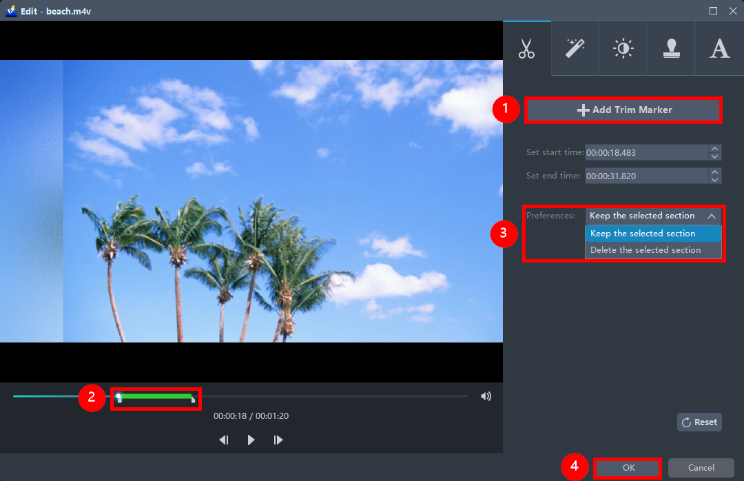 convert M4V to MP4, VideoPower BLUE trim video.