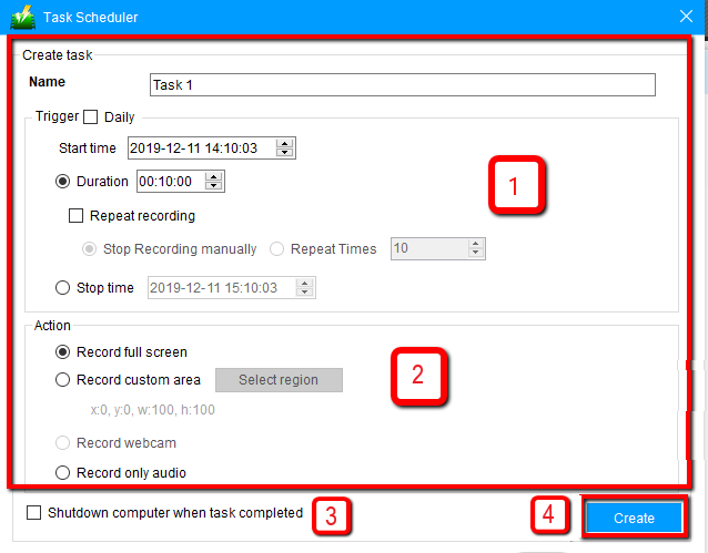 Record Automatically, Screen Record, VideoPower GREEN, task scheduler settings