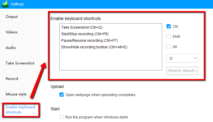 VideoPower GREEN, Keyboard Shortcuts Settings 