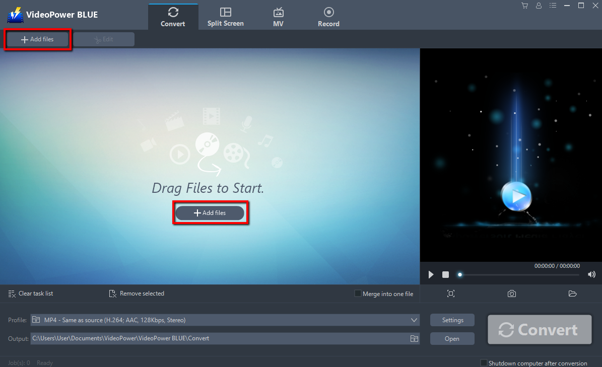 ビデオをSWFに変換する方法, ビデオパワーブルー, ファイルを追加