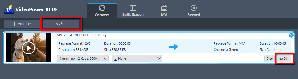 convert video to Windows Media Player, VideoPower BLUE, Edit files