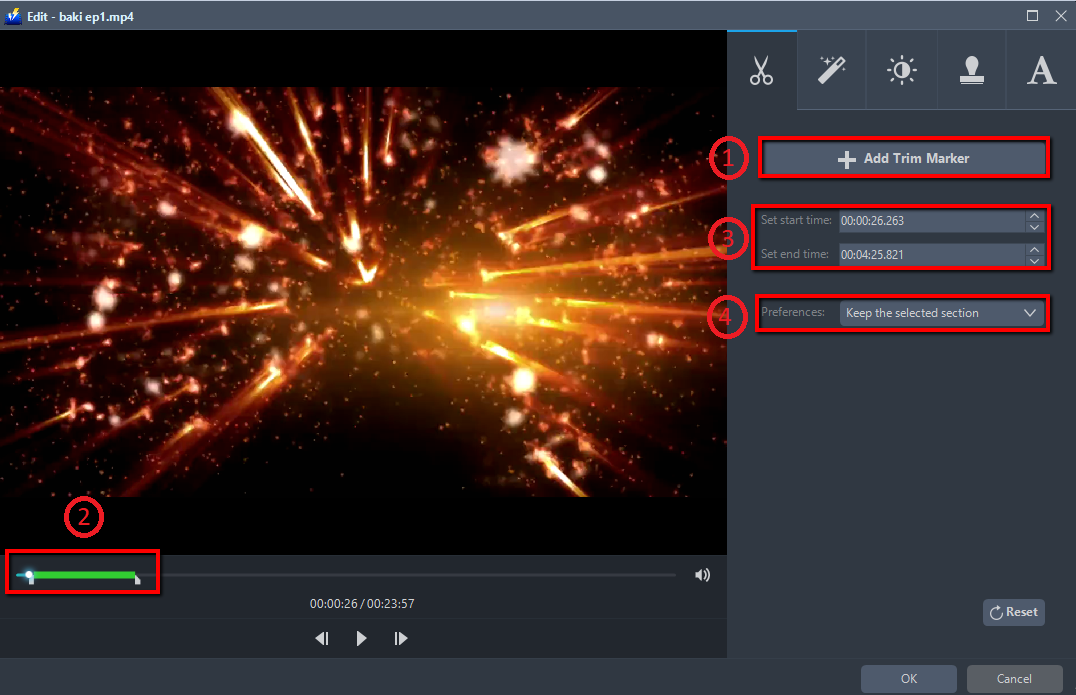 video cutting, video editor program, VideoPower BLUE, Add Trim Marker