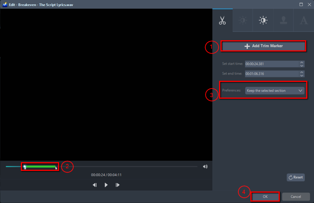 convert WAV to M4A, VideoPower BLUE trim file.